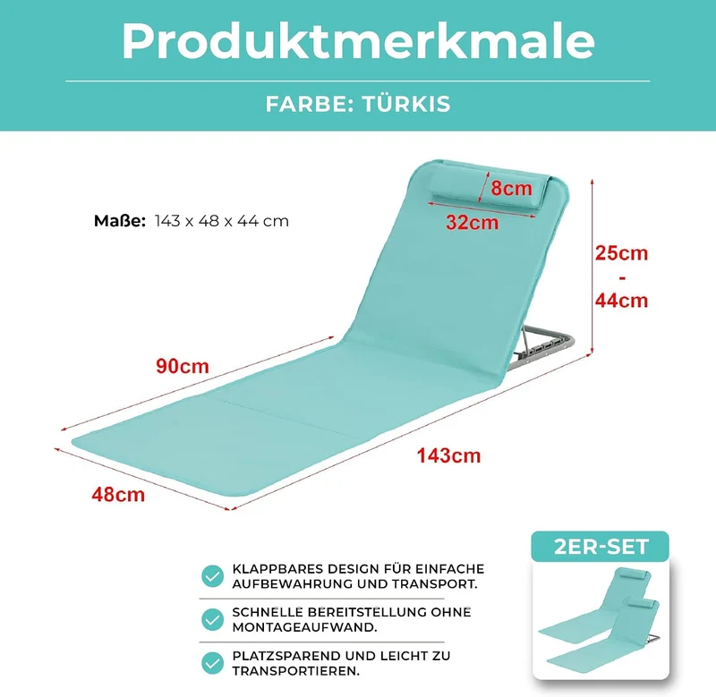 [en.casa] Strandmatte Donostia 2er Set Sonnenmatte klappbar Türkis Strandliege mit Verstellbarer Rüc