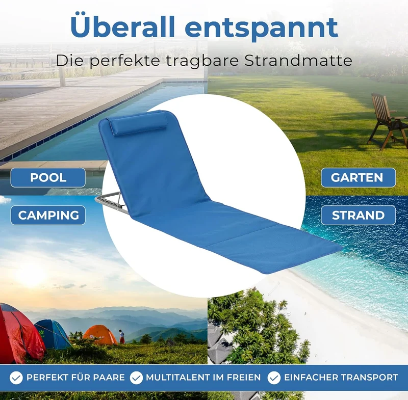 [en.casa] Strandmatte Donostia 2er Set Sonnenmatte klappbar Blau Strandliege mit Verstellbarer Rücke