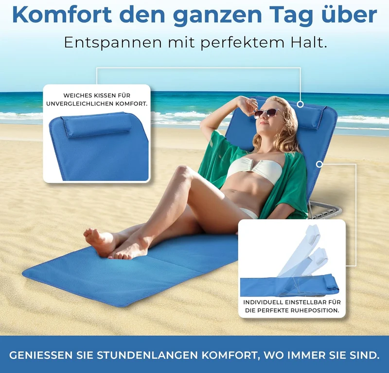 [en.casa] Strandmatte Donostia 2er Set Sonnenmatte klappbar Blau Strandliege mit Verstellbarer Rücke