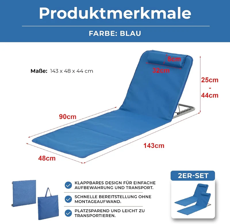 [en.casa] Strandmatte Donostia 2er Set Sonnenmatte klappbar Blau Strandliege mit Verstellbarer Rücke