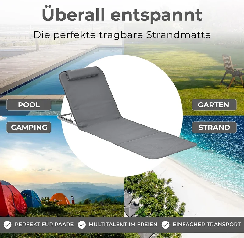 [en.casa] Strandmatte Donostia 2er Set Sonnenmatte klappbar Dunkelgrau Strandliege mit Verstellbarer