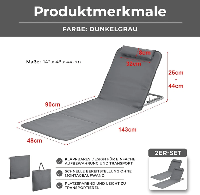 [en.casa] Strandmatte Donostia 2er Set Sonnenmatte klappbar Dunkelgrau Strandliege mit Verstellbarer