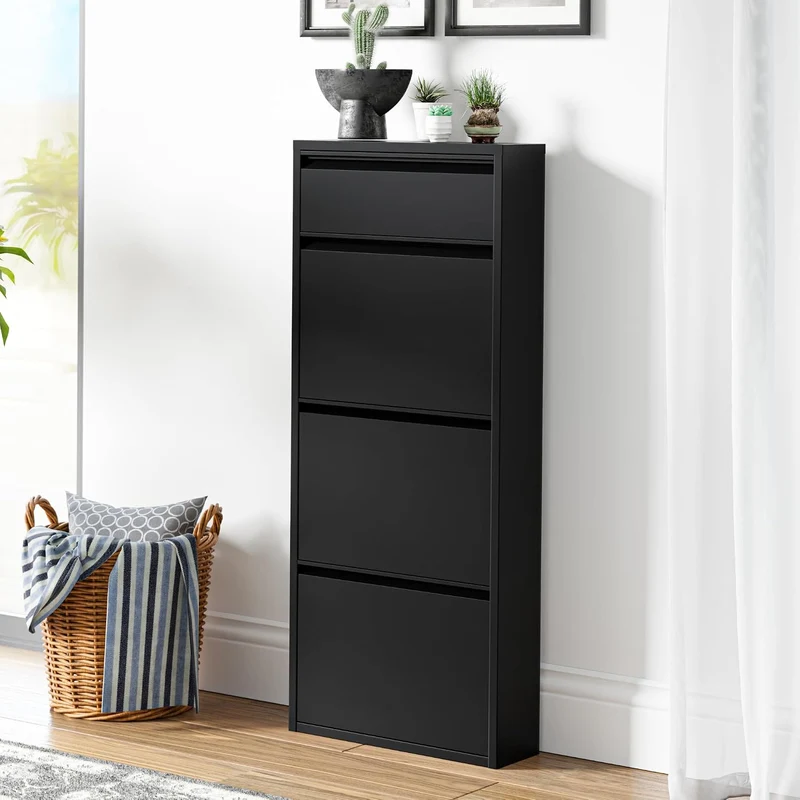 [en.casa] Schuhschrank Sokndal Schuhkipper Schwarz schmal Schuhkommode mit 3+1 Kippfächern Diele Flu