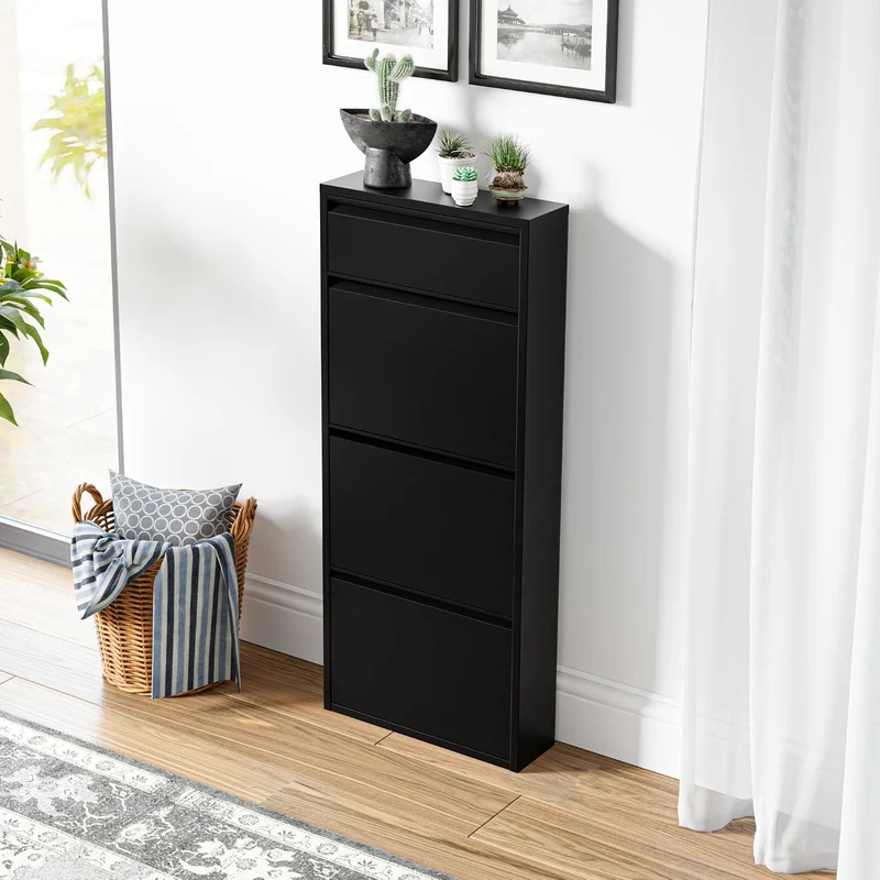 [en.casa] Schuhschrank Sokndal Schuhkipper Schwarz schmal Schuhkommode mit 3+1 Kippfächern Diele Flu