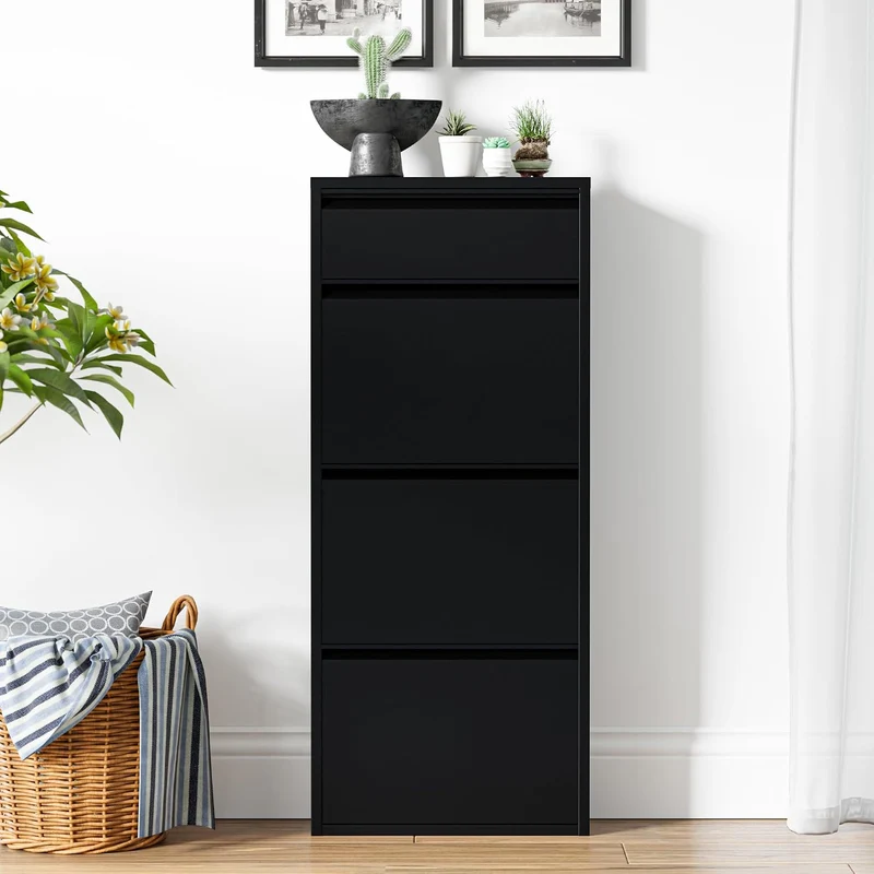 [en.casa] Schuhschrank Sokndal Schuhkipper Schwarz schmal Schuhkommode mit 3+1 Kippfächern Diele Flu