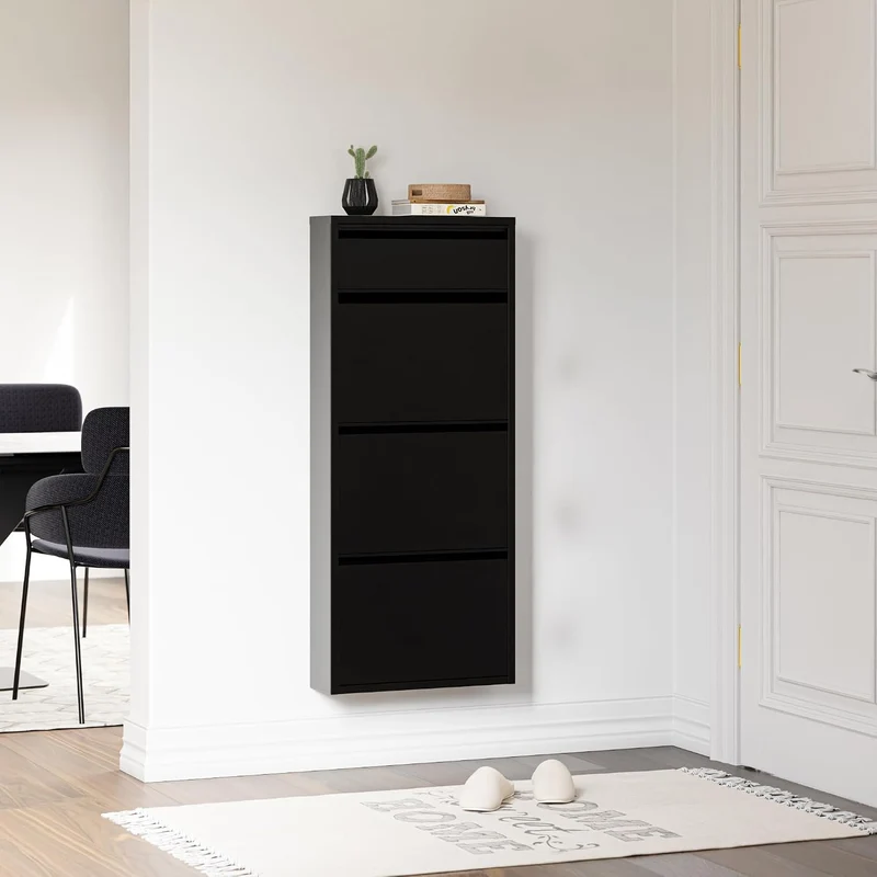 [en.casa] Schuhschrank Sokndal Schuhkipper Schwarz schmal Schuhkommode mit 3+1 Kippfächern Diele Flu