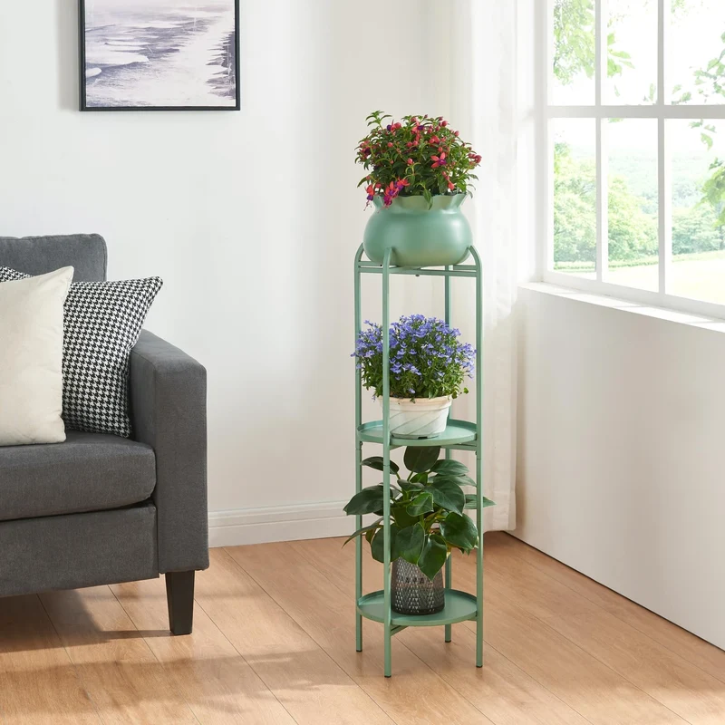 [en.casa] Blumenständer Altena Pflanzenständer mit Blumentopf und 2 Ablagen Metall Grün Pflanzenrega