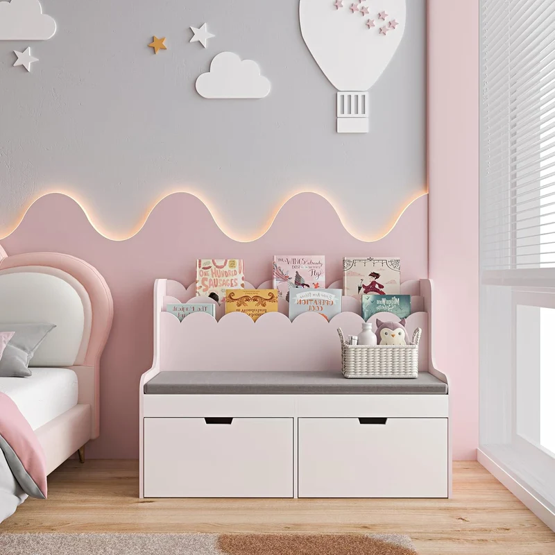 [en.casa] Kinder Sitzbank mit Bücherregal Vestnes Kinderbank mit 2 Schubladen Kinderregal mit 2 Fäch