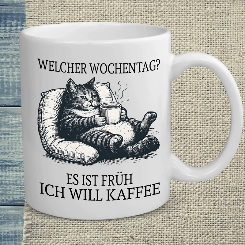 Welcher Wochentag? Es ist früh. Ich will Kaffee. - Tasse