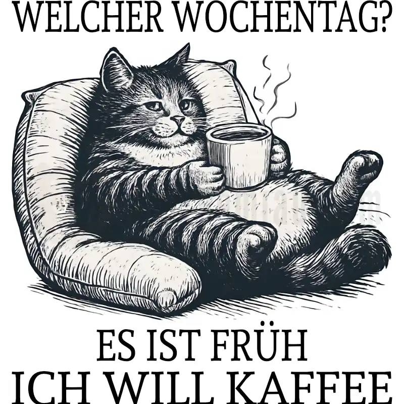 Welcher Wochentag? Es ist früh. Ich will Kaffee. - Tasse