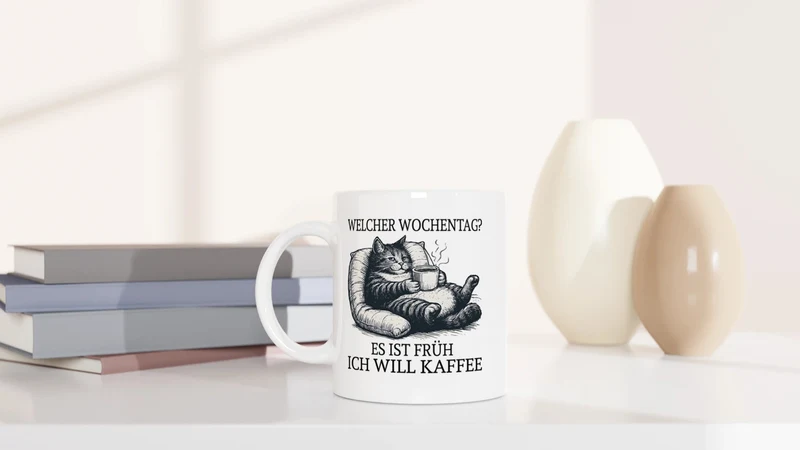 Welcher Wochentag? Es ist früh. Ich will Kaffee. - Tasse