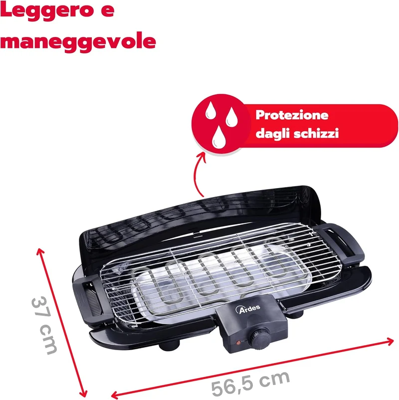 ARDES - AR1B02 Elektrogrill Rauchfrei 2000 W Tragbarer elektrischer Balkongrill Grill für Innen- und