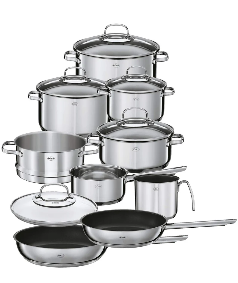 RÖSLE ELEGANCE Topfset 10-tlg., 6 hochwertige Kochtöpfe, 1 Dämpfeinsatz, 2 Bratpfannen im Set, Edels