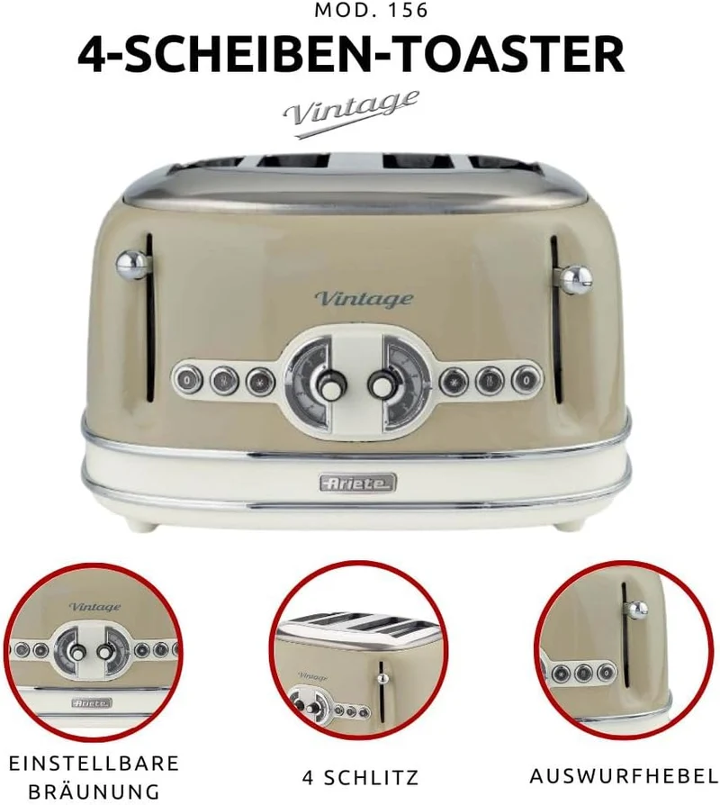 Ariete,156 Toaster im Vintage-Design für 4 Scheiben, 1600 W, 6 Toaststufen, aus lackiertem Edelstahl
