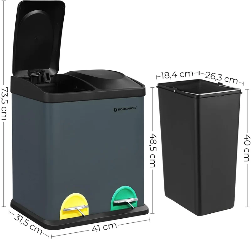 SONGMICS Mülleimer 30 Liter, Mülltrennung, 2 x 15 Liter, Abfalleimer, Treteimer mit Inneneimern, far