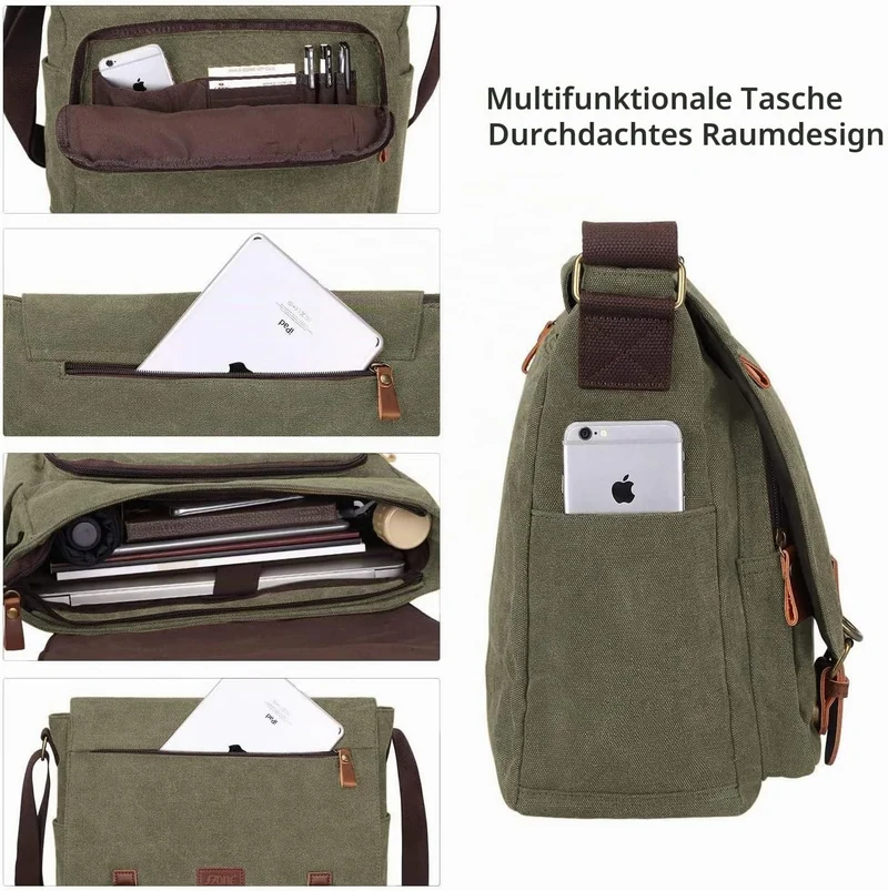 S-ZONE Herren Umhängetasche 15,6 Inch Grosse Vintage Canvas Messenger Bag Aktenktasche Schultertasch