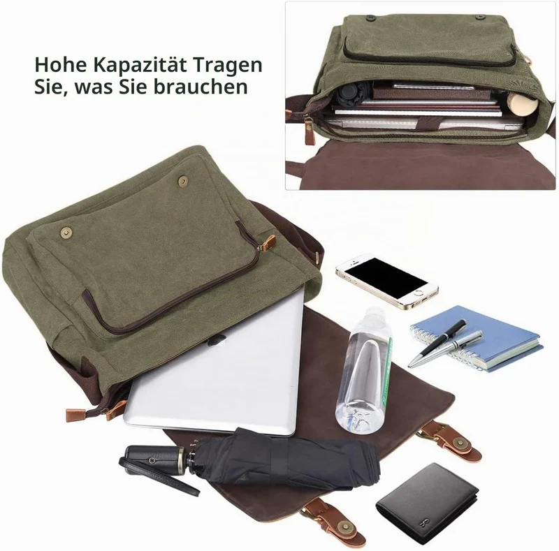 S-ZONE Herren Umhängetasche 15,6 Inch Grosse Vintage Canvas Messenger Bag Aktenktasche Schultertasch