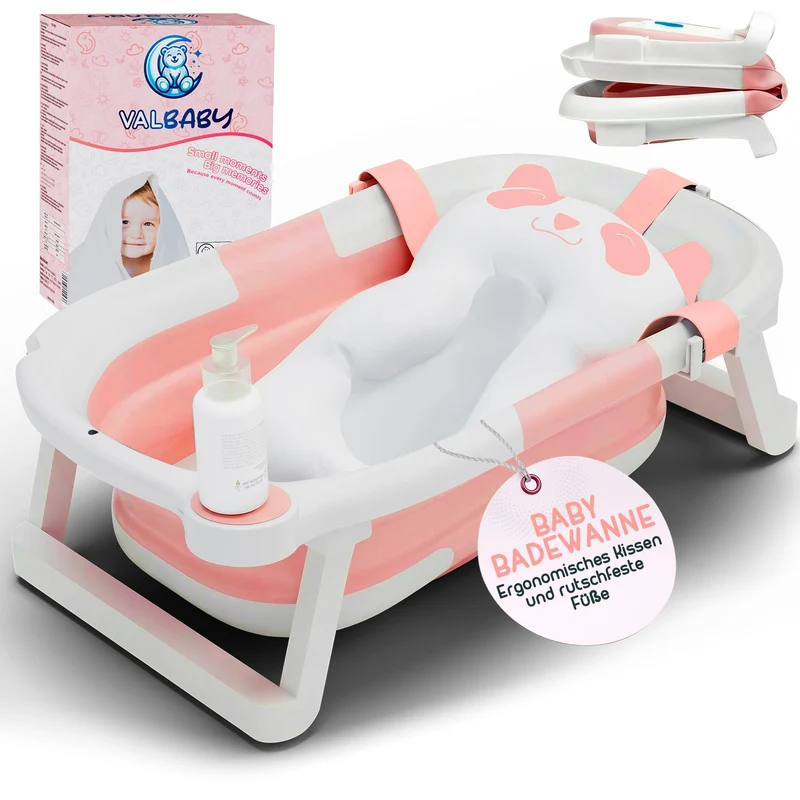 Baby Badewanne Faltbar Antirutsch Ergonomisch Neugeborene Bis 2 Jahre Rosa + Panda Kissen Gross und