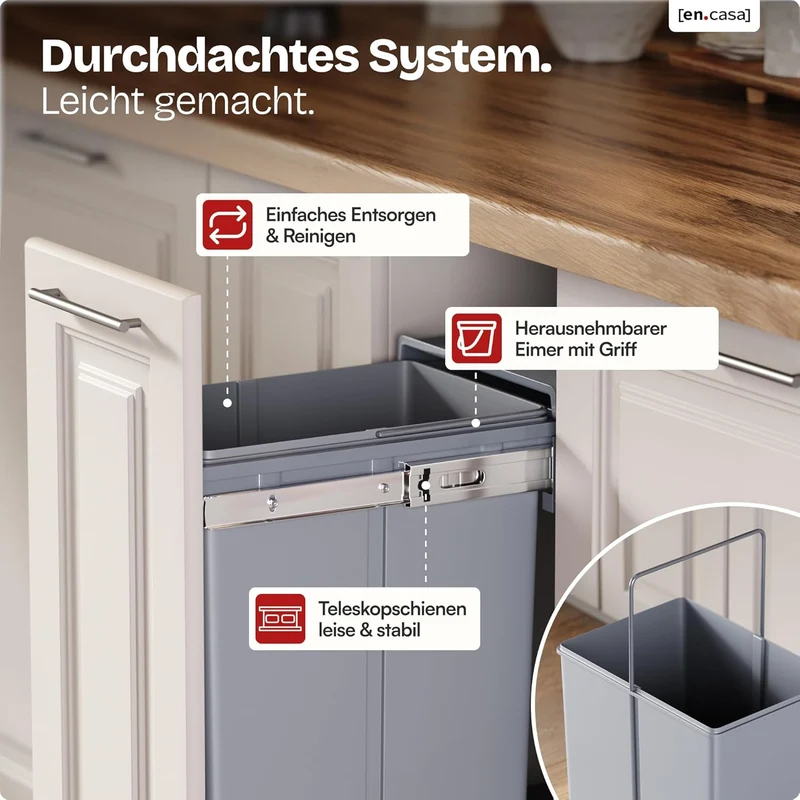 [en.casa] Einbaumülleimer Froland Mülleimer 1 Fach Mülltrennsystem ausziehbar Abfalleimer Küche 1x20