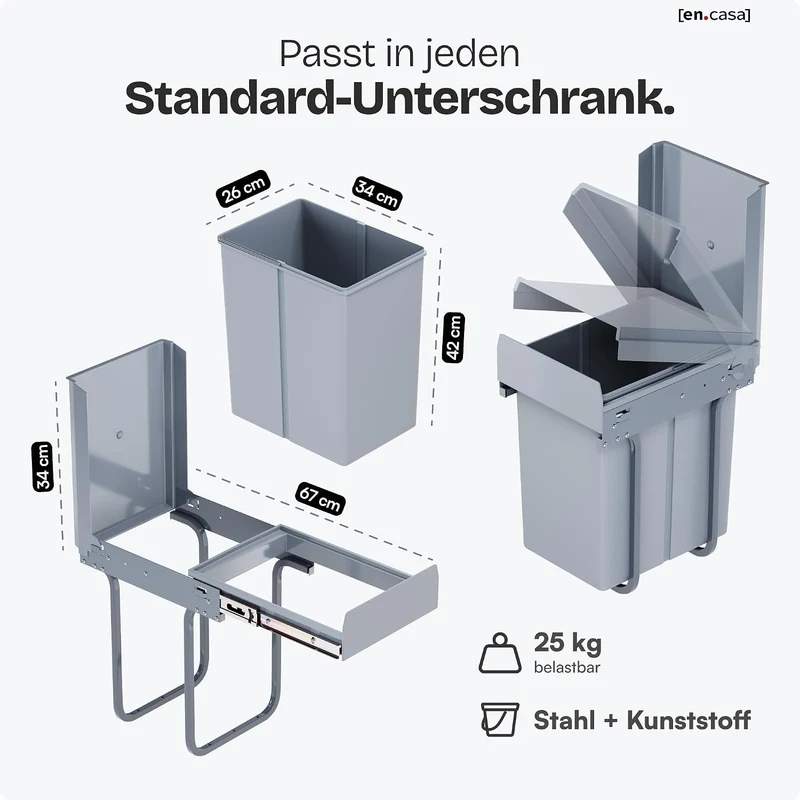 [en.casa] Einbaumülleimer Froland Mülleimer 1 Fach Mülltrennsystem ausziehbar Abfalleimer Küche 1x20