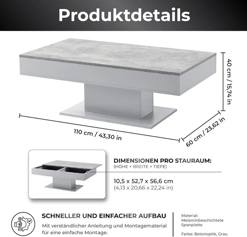 [en.casa] Couchtisch mit 2 Staufächern unter Schiebeplatte Wohnzimmertisch mit Truhefunktion Kaffeet
