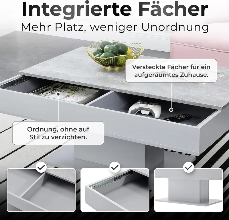 [en.casa] Couchtisch mit 2 Staufächern unter Schiebeplatte Wohnzimmertisch mit Truhefunktion Kaffeet