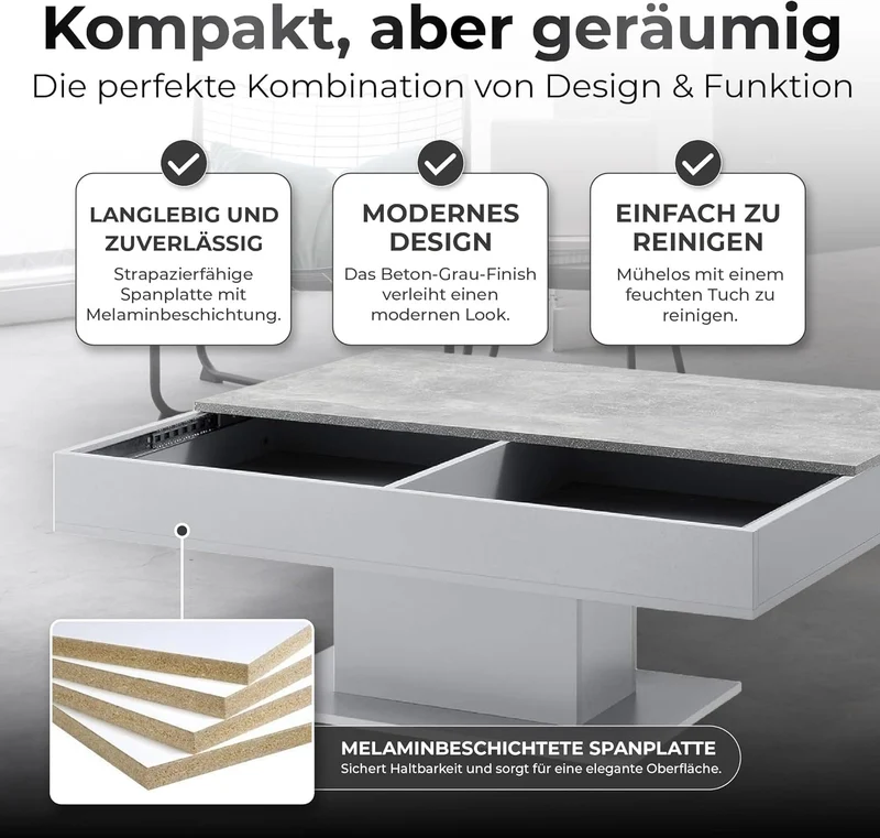 [en.casa] Couchtisch mit 2 Staufächern unter Schiebeplatte Wohnzimmertisch mit Truhefunktion Kaffeet
