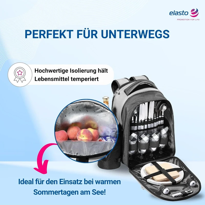 Picknickrucksack 4 Personen | Picknickset 21-TLG | Deluxe Rucksack mit Kühlfach | Camping-Besteck un