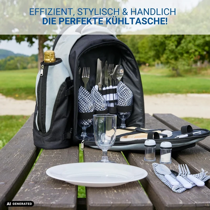 Picknickrucksack 4 Personen | Picknickset 21-TLG | Deluxe Rucksack mit Kühlfach | Camping-Besteck un