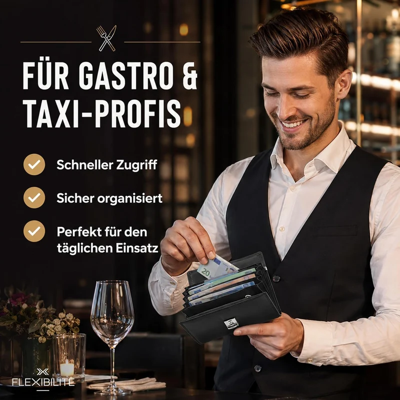 Echt Leder Kellner Geldbörse Profi Kellnerportemonnaie weich RFID | Kellnerbörse (18,5 x 9,5 x 4,5cm