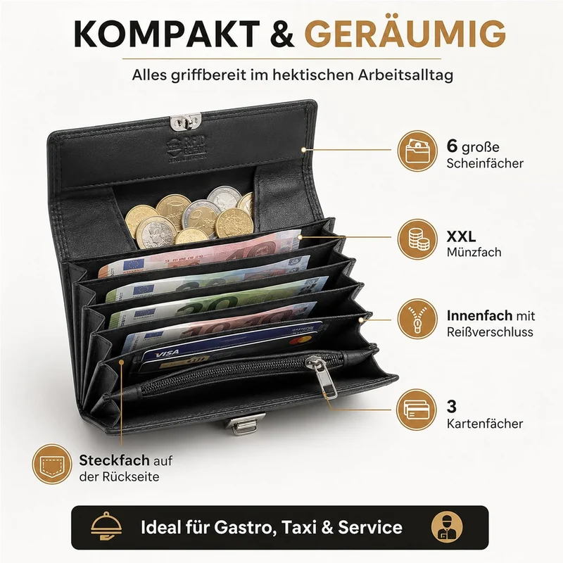 Echt Leder Kellner Geldbörse Profi Kellnerportemonnaie weich RFID | Kellnerbörse (18,5 x 9,5 x 4,5cm