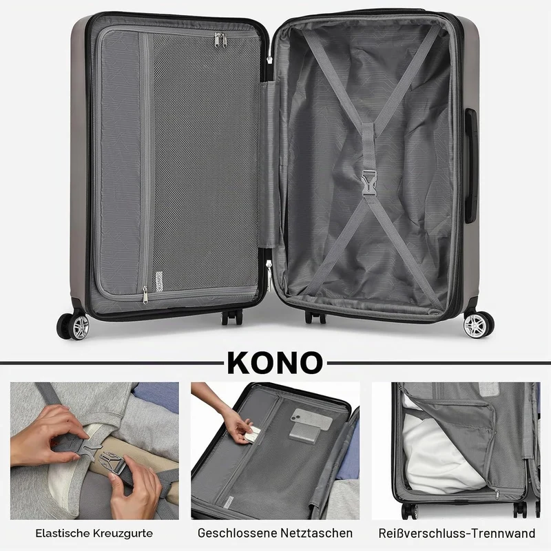 KONO Mittelgrosser Hartschalenkoffer L Erweiterbar Leicht mit TSA Schloss Grau L (65 x 43.5 x 25 cm)