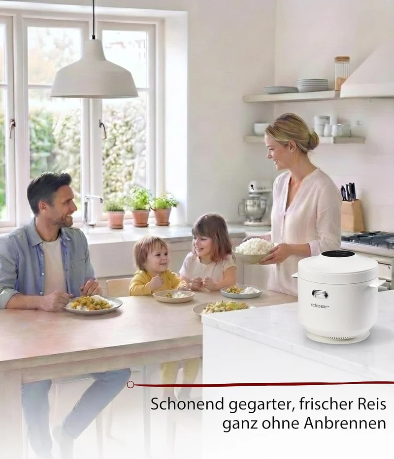 Cloer 6831 Reiskocher mit 1 l Fassungsvermögen, inkl. Dampfaufsatz & spülmaschinengeeignetem Innento