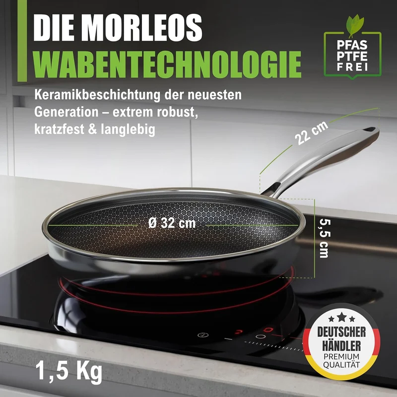 Wabenpfanne 32 cm Induktion Antihaft Pfanne Wabenstruktur Keramik PFAS-frei | Kratzfeste Edelstahl-K