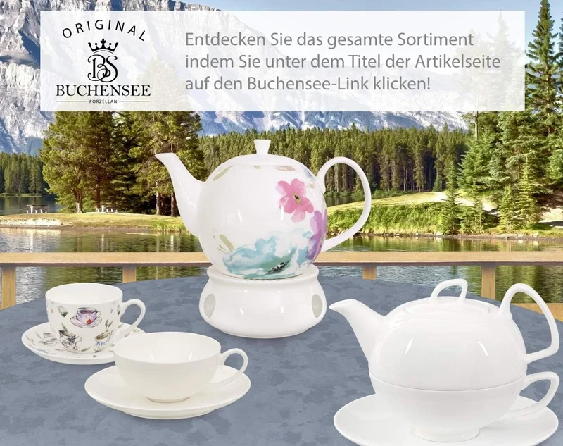 tea4chill Buchensee Teekanne/Kaffeekanne 1,5 Liter mit Stövchen. Fine Bone China Premium Qualität in