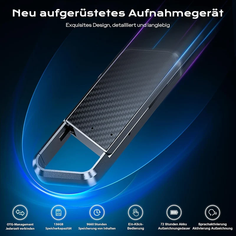 136GB Diktiergerät mit Spracherkennung –Aufnahmegerät, Mobile Rekorder mit DSP5.0 OTG-fähig, 9660h I