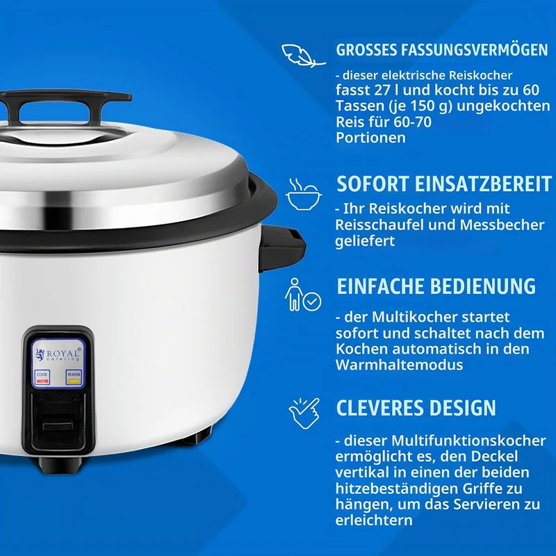 Royal Catering Elektrischer Reiskocher 27 L 3600 W für bis zu 70 Portionen automatische Warmhaltefun