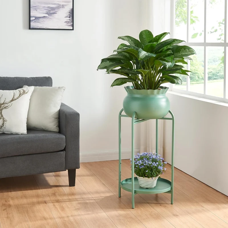 [en.casa] Blumenständer Altena Pflanzenständer mit Blumentopf und Ablage Metall Grün Pflanzenregal 6