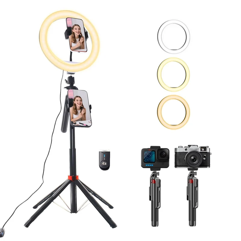 Handy-Stativ mit Ringlicht, 1,8m Aluminium Stativ mit 4-Fuss-Ständer, Bluetooth Fernbedienung, 360°