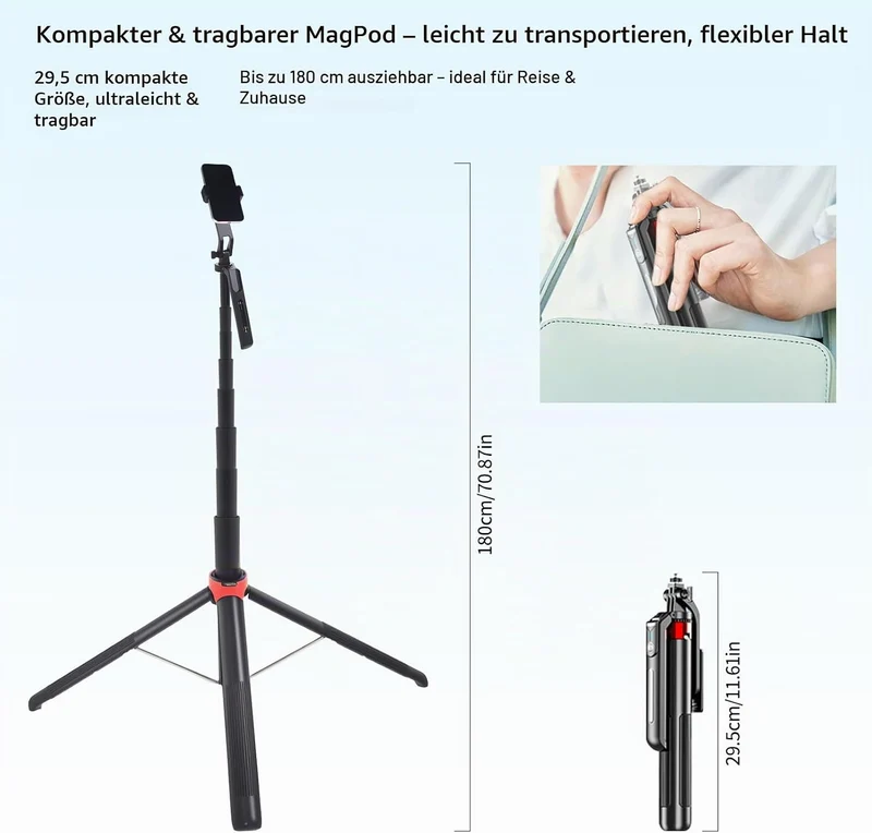 Handy-Stativ mit Ringlicht, 1,8m Aluminium Stativ mit 4-Fuss-Ständer, Bluetooth Fernbedienung, 360°