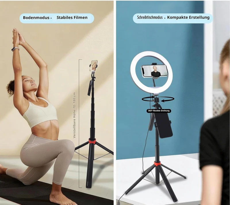 Handy-Stativ mit Ringlicht, 1,8m Aluminium Stativ mit 4-Fuss-Ständer, Bluetooth Fernbedienung, 360°