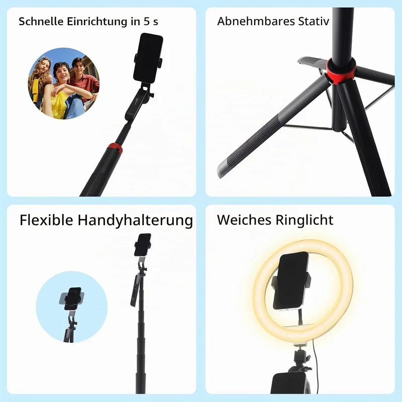Handy-Stativ mit Ringlicht, 1,8m Aluminium Stativ mit 4-Fuss-Ständer, Bluetooth Fernbedienung, 360°