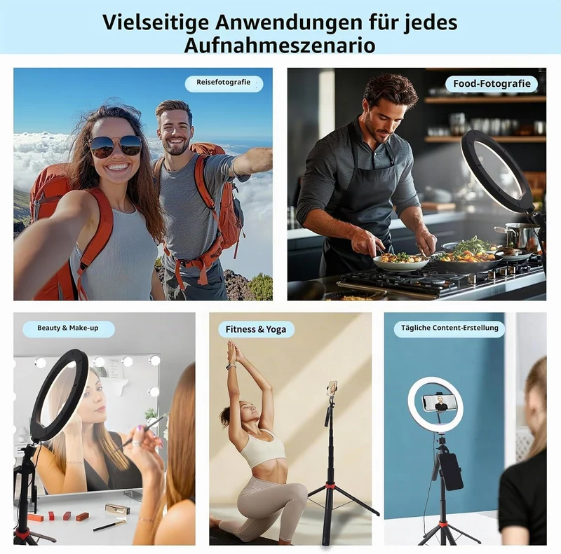 Handy-Stativ mit Ringlicht, 1,8m Aluminium Stativ mit 4-Fuss-Ständer, Bluetooth Fernbedienung, 360°