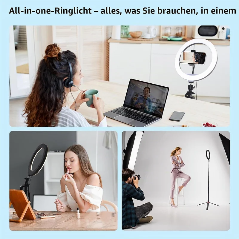 Handy-Stativ mit Ringlicht, 1,8m Aluminium Stativ mit 4-Fuss-Ständer, Bluetooth Fernbedienung, 360°