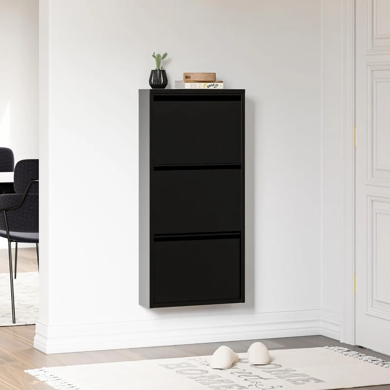 [en.casa] Schuhschrank Sokndal Schuhkipper Schwarz schmal Schuhkommode mit 3 Kippfächern Diele Flur