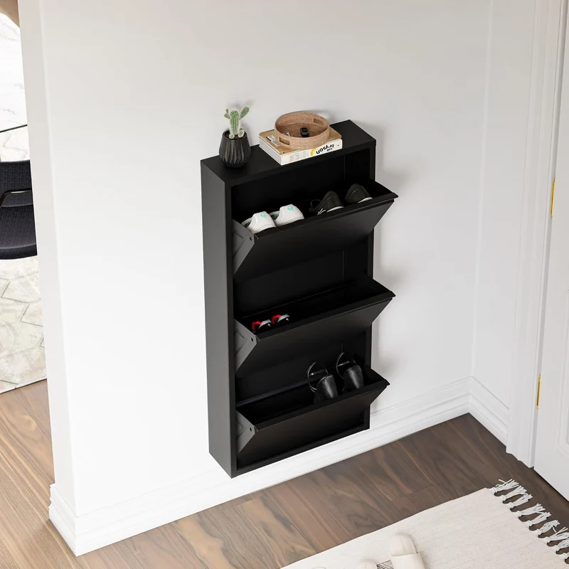 [en.casa] Schuhschrank Sokndal Schuhkipper Schwarz schmal Schuhkommode mit 3 Kippfächern Diele Flur