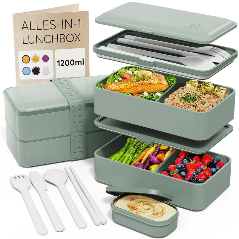 Umami All-in-1 1,2L Bento Lunchbox Erwachsene mit Besteck, 2 Saucenbehältern als Brotdosen Salat, Sn
