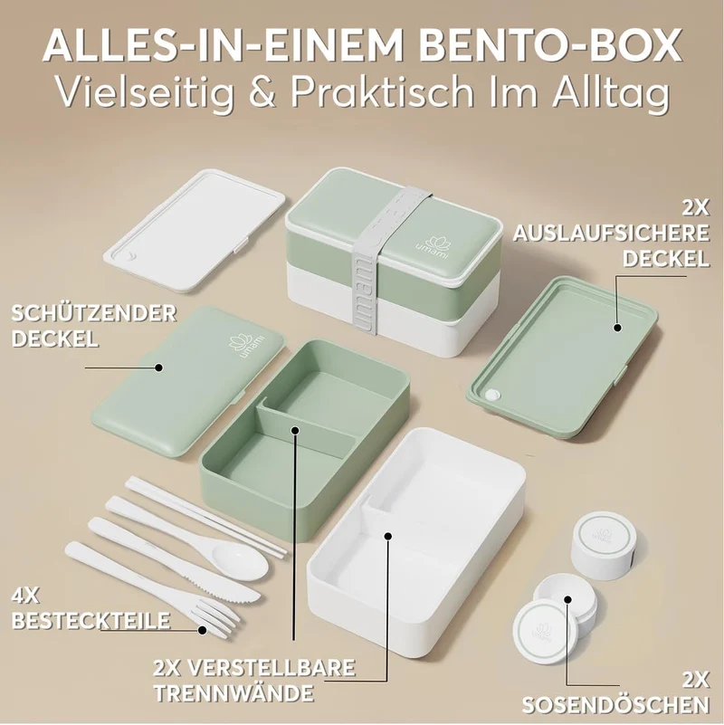 Umami All-in-1 1,2L Bento Lunchbox Erwachsene mit Besteck, 2 Saucenbehältern als Brotdosen Salat, Sn