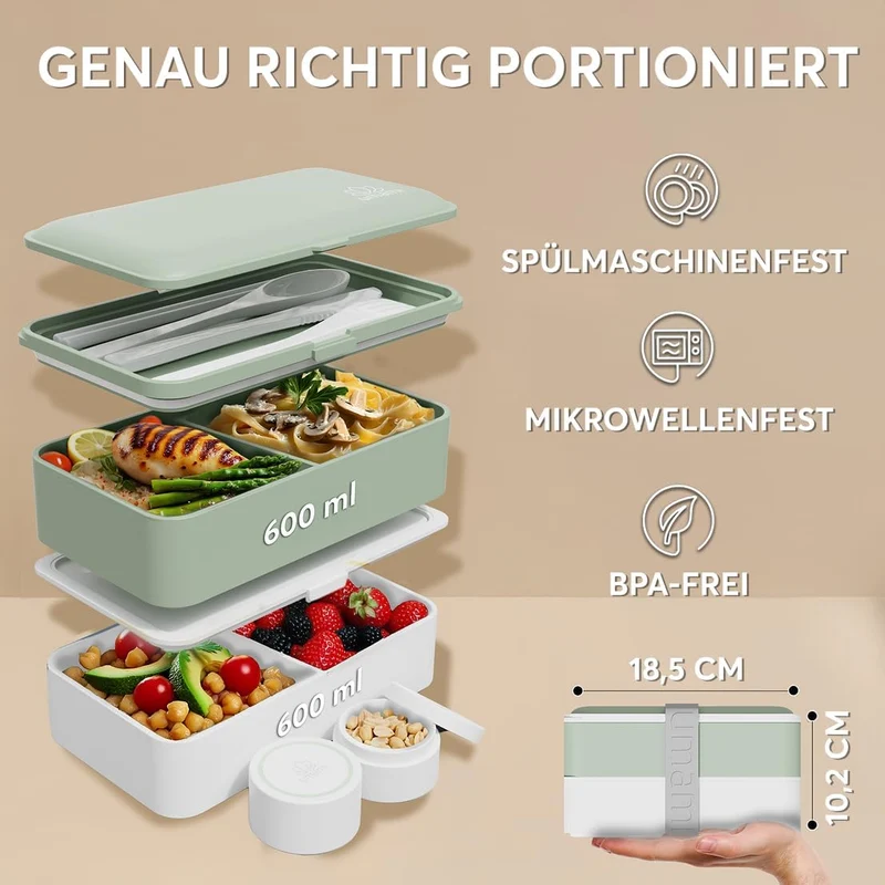 Umami All-in-1 1,2L Bento Lunchbox Erwachsene mit Besteck, 2 Saucenbehältern als Brotdosen Salat, Sn