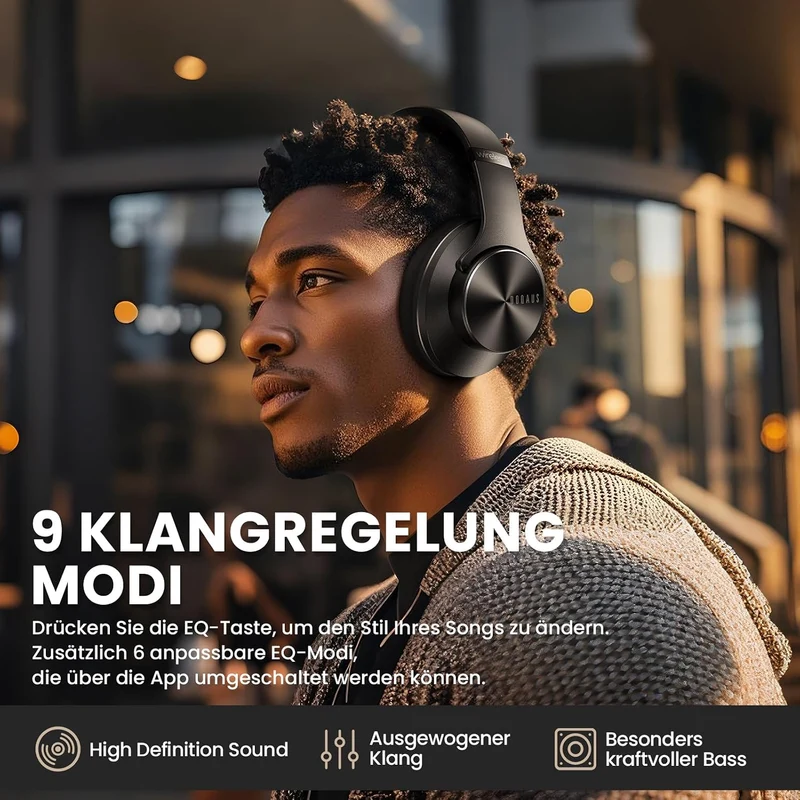 DOQAUS Bluetooth Kopfhörer Over Ear, [Bis zu 90 Std] Kopfhörer Kabellos mit 3 EQ-Modi, Dual 40mm Tre